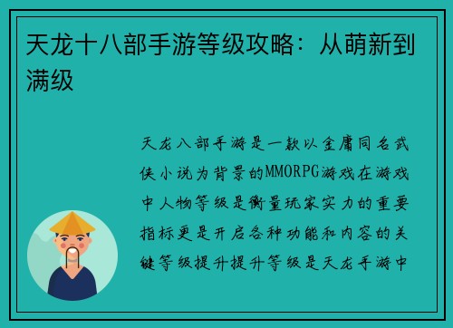天龙十八部手游等级攻略：从萌新到满级