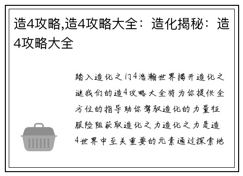 造4攻略,造4攻略大全：造化揭秘：造4攻略大全