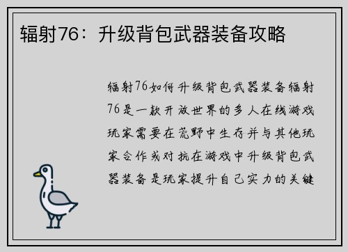 辐射76：升级背包武器装备攻略